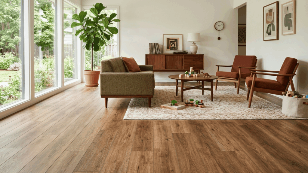 mid century modern family room with wood look vinyl flooring and simple decor