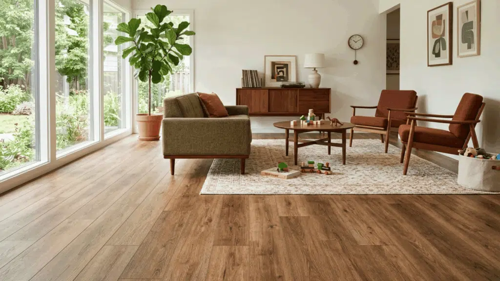 mid century modern family room with wood look vinyl flooring and simple decor