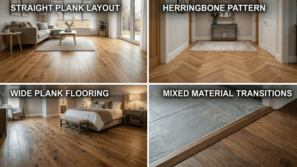 mid century modern flooring patterns showing straight plank herringbone wide plank and mixed material transitions