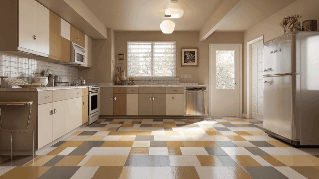 mid century modern kitchen with muted tone linoleum flooring and clean layout