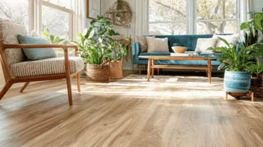 mid century modern living room with light wood flooring indoor plants natural light and simple furniture