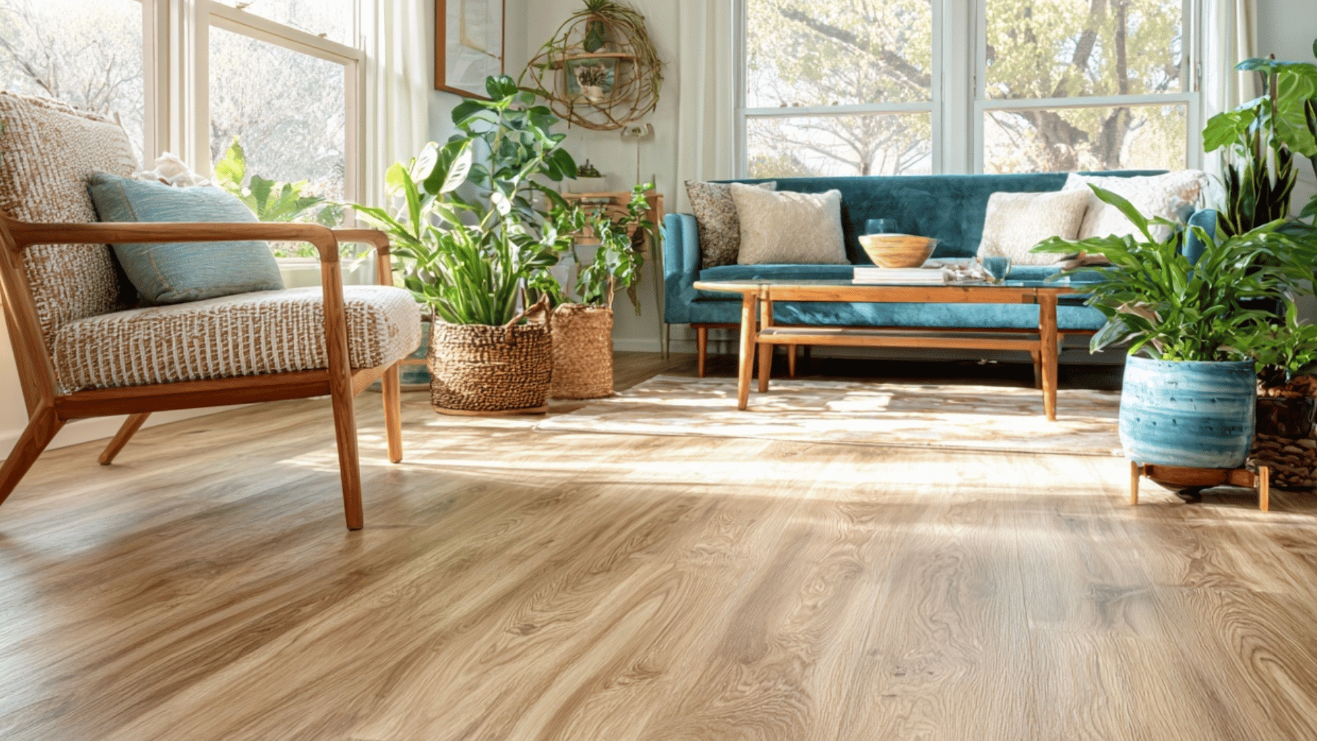 mid century modern living room with light wood flooring indoor plants natural light and simple furniture