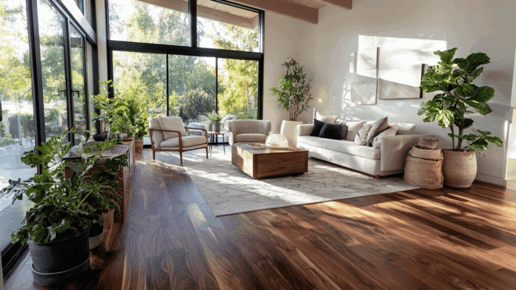 mid century modern living room with warm walnut hardwood floors and natural light