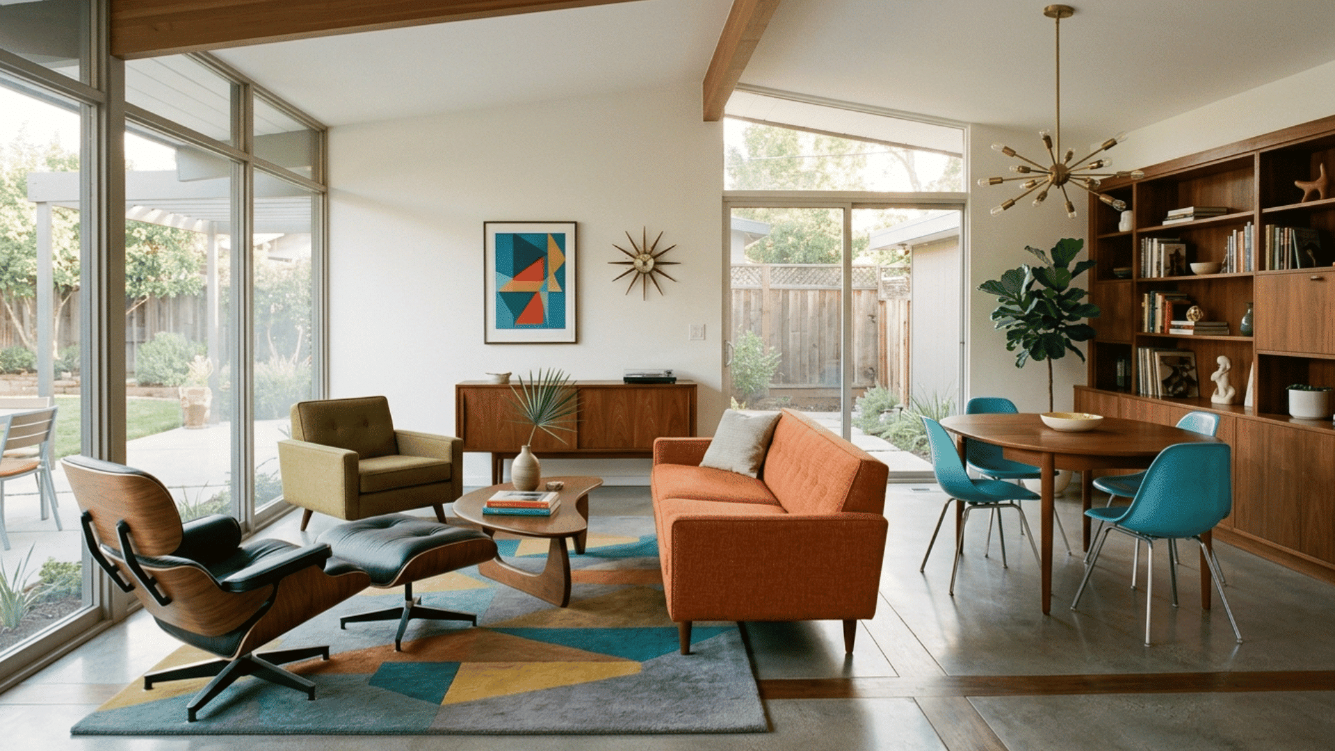 mid-century modern living room with wooden furniture, colorful accents, and open glass walls.