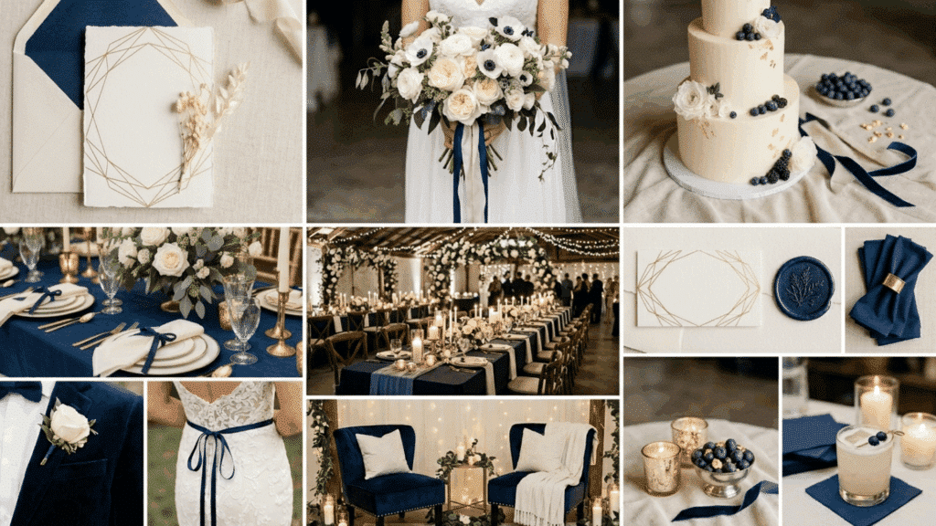 midnight blue and ivory wedding color scheme collage with elegant decor candles and florals
