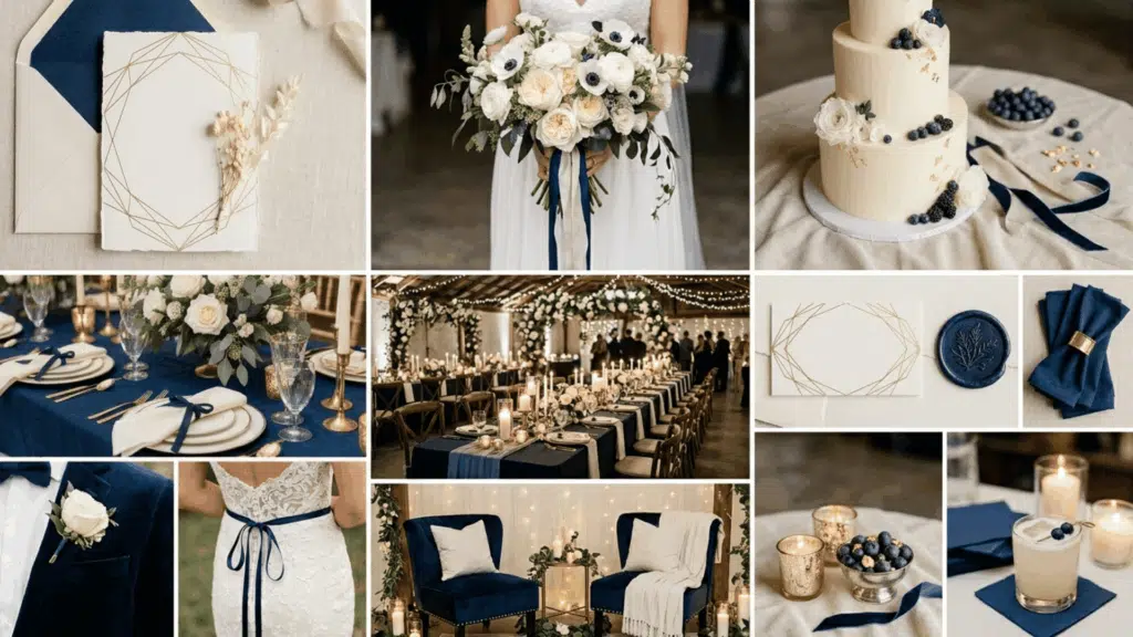midnight blue and ivory wedding color scheme collage with elegant decor candles and florals