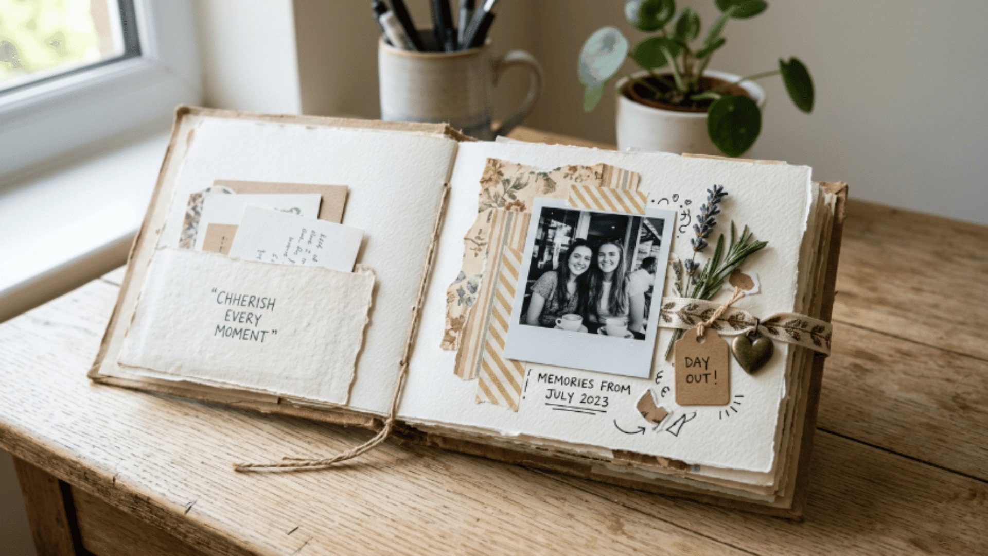 mini scrapbook with decorated pages open on desk showing layered textures and simple creative layout