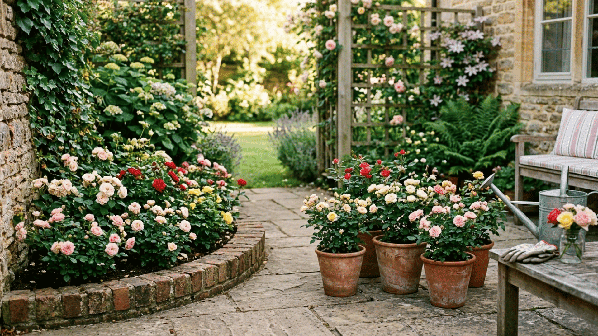 miniature roses in pots and garden beds, neatly pruned with small blooms, placed in a cozy backyard patio garden with greenery