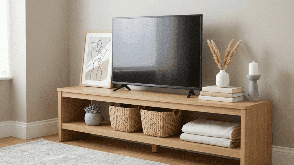 minimal TV stand with baskets, art frame, and neutral decor setup.