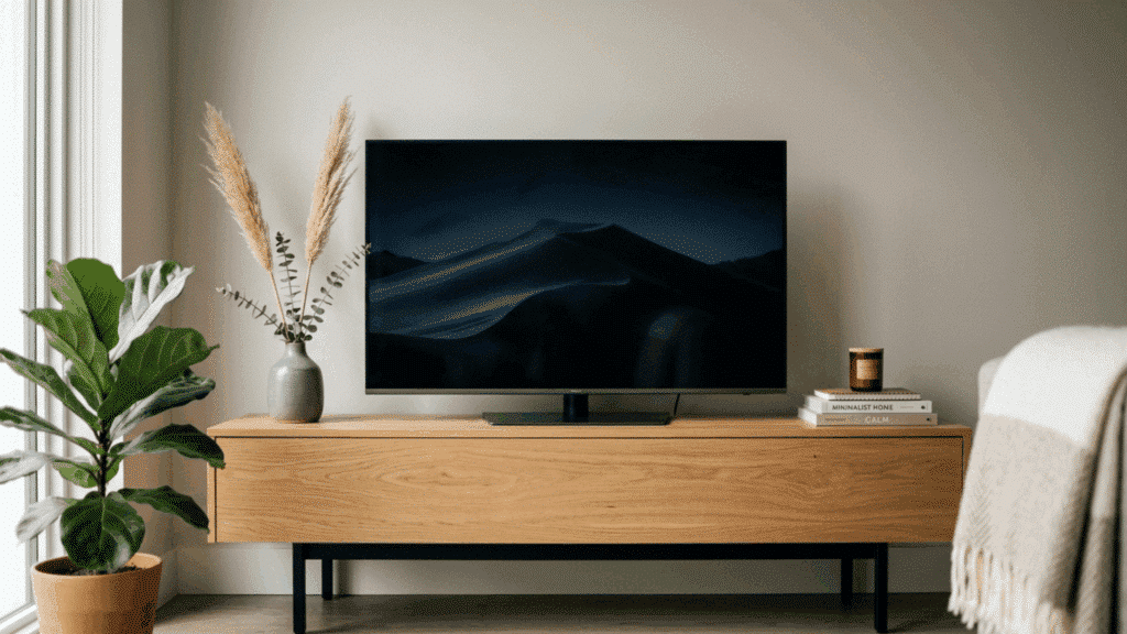 _minimal TV stand with vase, pampas grass, and plant in a clean neutral setup.