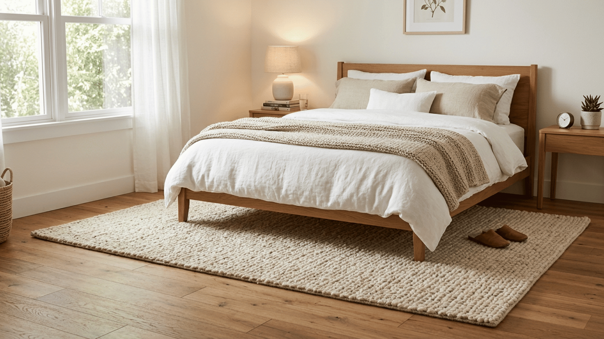 minimal bedroom with a soft neutral rug under the bed, warm lighting, and cozy setup emphasizing comfort and material quality