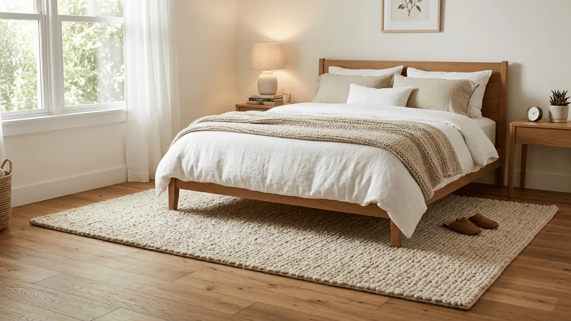 minimal bedroom with a soft neutral rug under the bed, warm lighting, and cozy setup emphasizing comfort and material quality