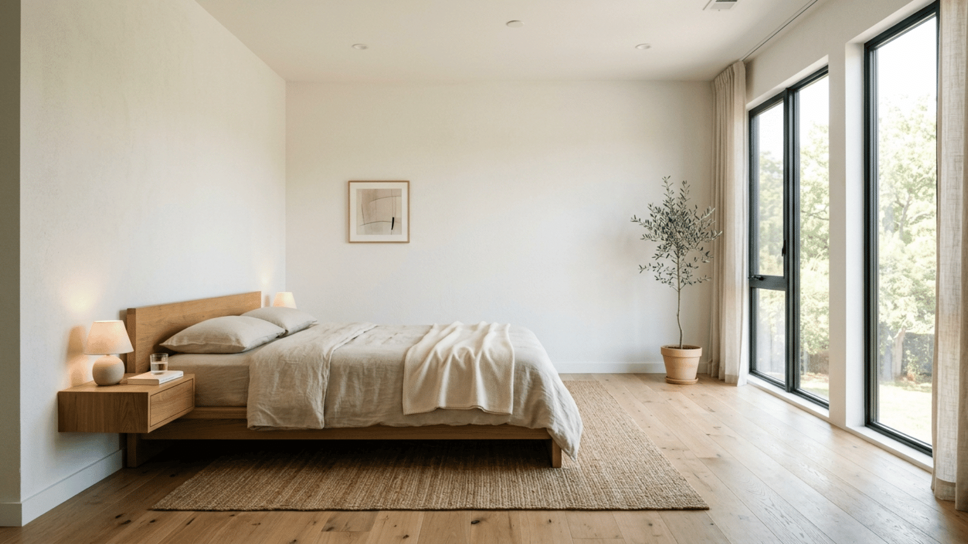 minimal bedroom with essential furniture only, open layout, neutral tones and natural daylight