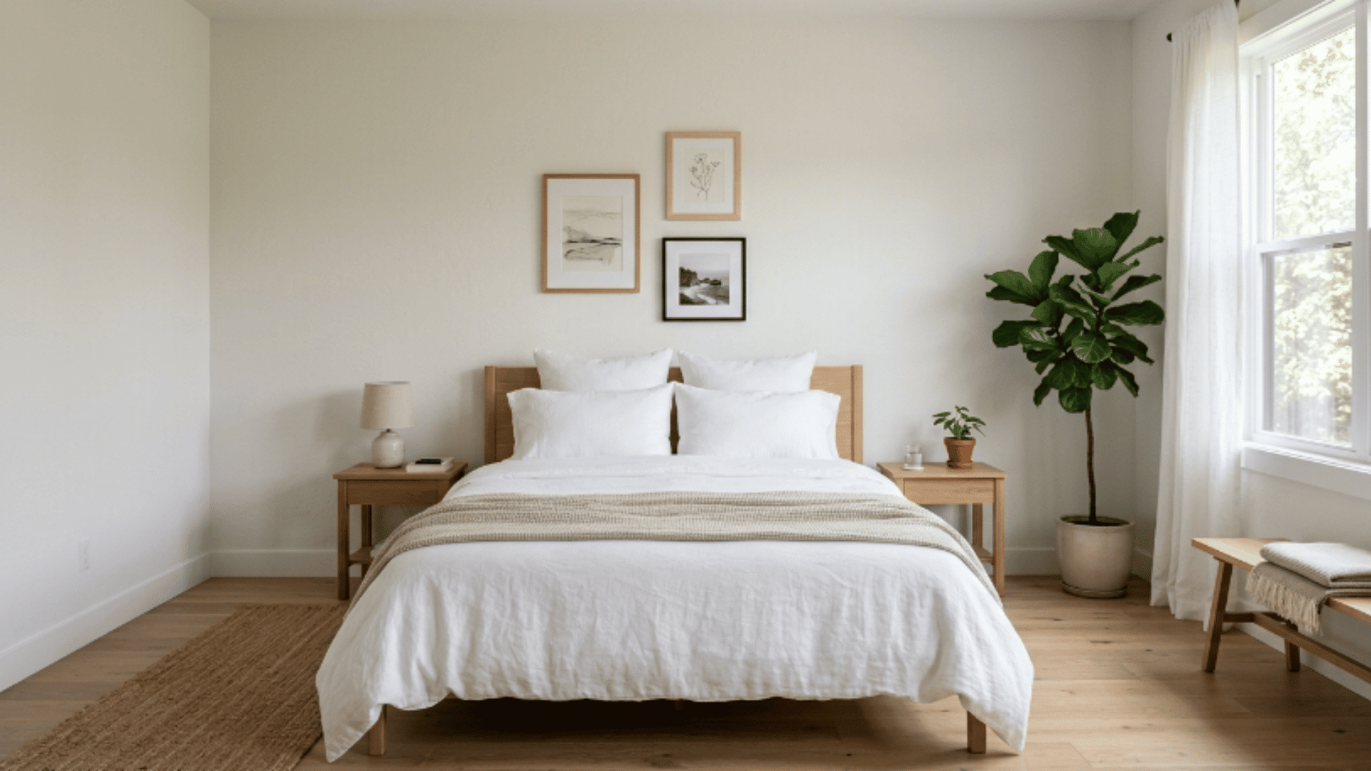 minimal bedroom with few framed artworks, neutral bedding, natural light and clean uncluttered space