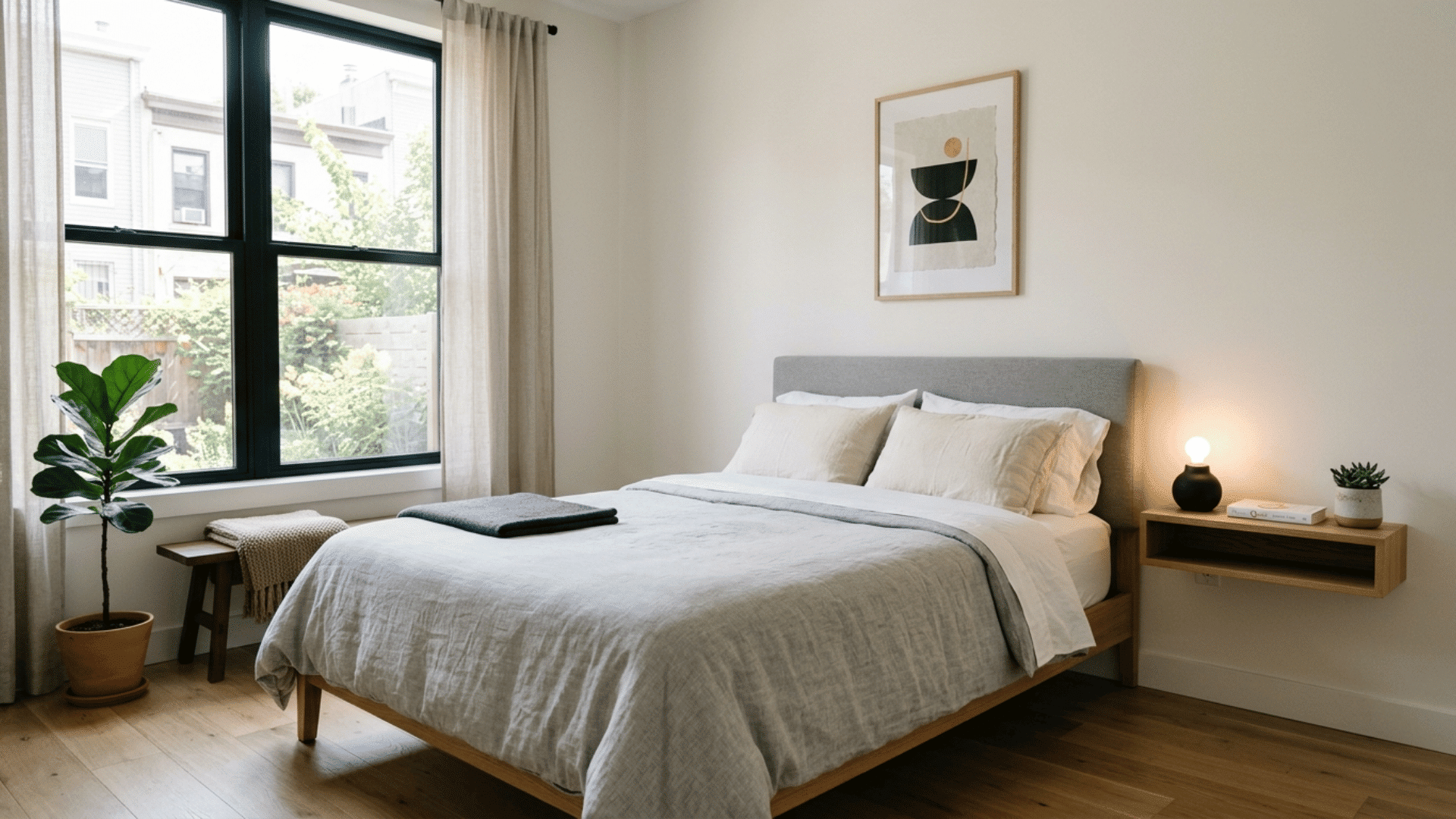 minimal bedroom with floating shelf nightstand, soft bedding, natural window light and clean modern interior styling