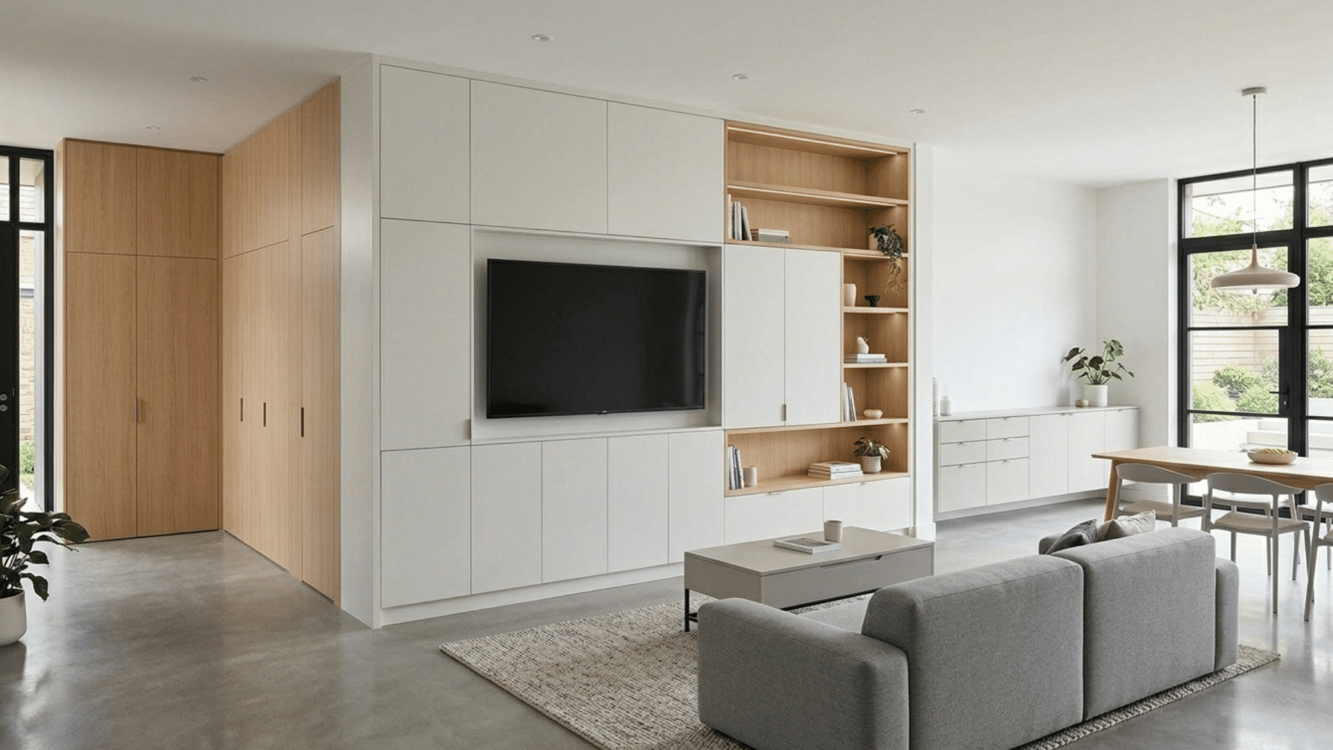 minimal contemporary living room with built-in storage and neutral tones.