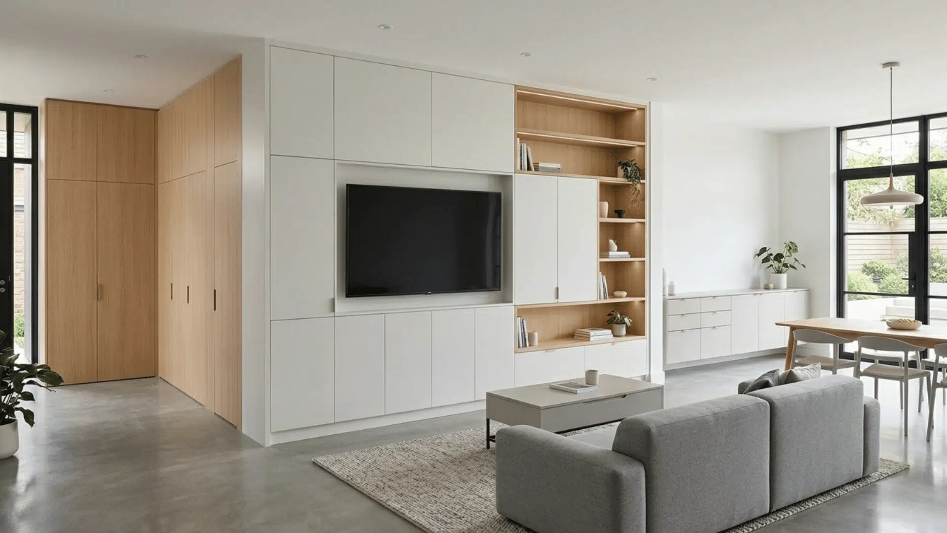 minimal contemporary living room with built-in storage and neutral tones.