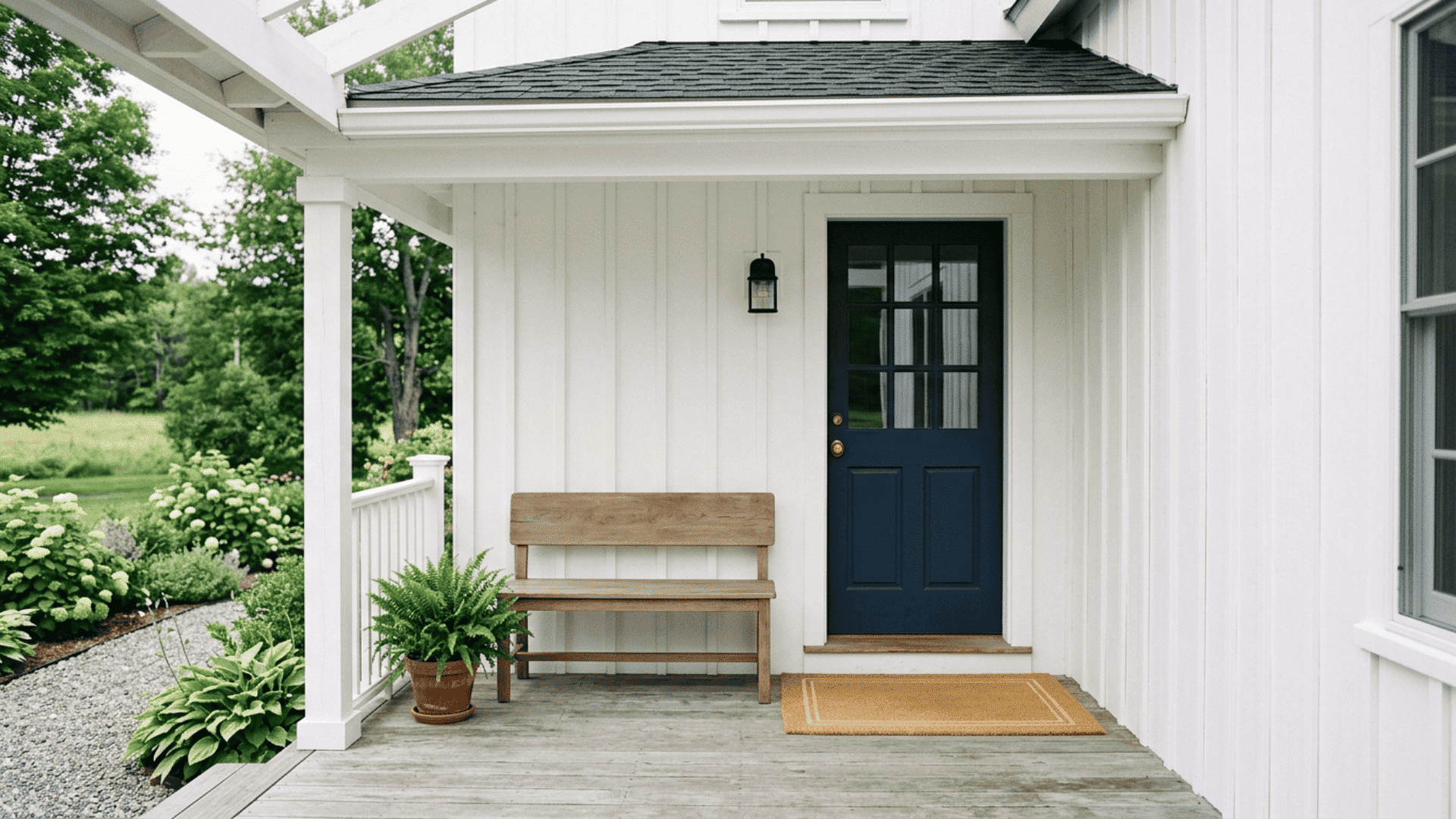 minimal farmhouse front porch with single wooden bench small potted plant and clean doormat at white door