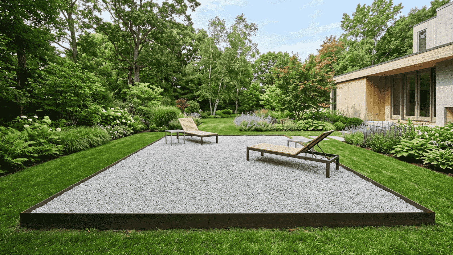 minimal gravel patio with sharp metal edging and fine crushed stone spread evenly across a clean backyard surface