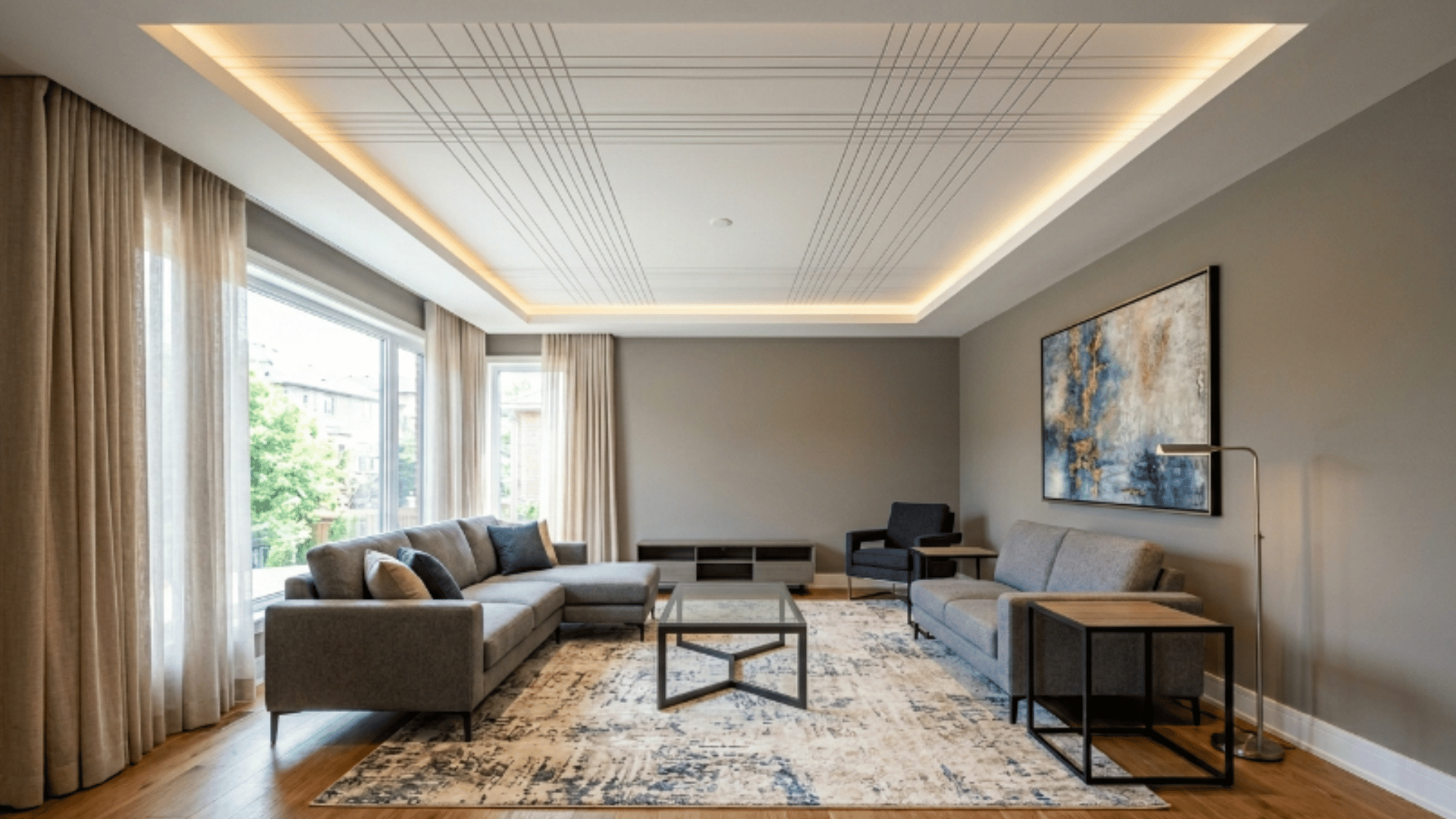 minimal interior with tray ceiling featuring thin recessed lines creating subtle depth and clean design
