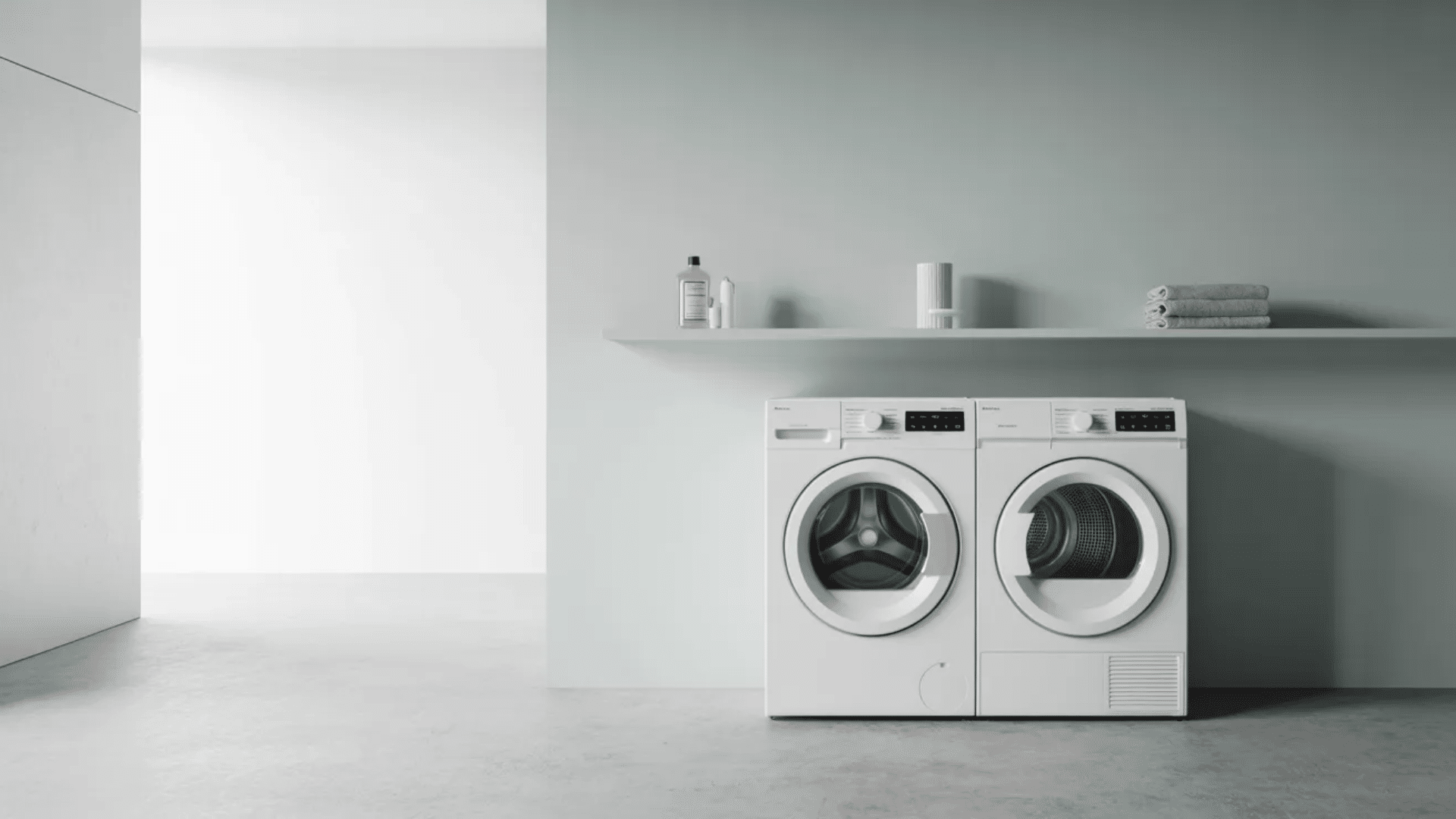 minimal laundry setup with washer, dryer, and simple shelf in a clean open space