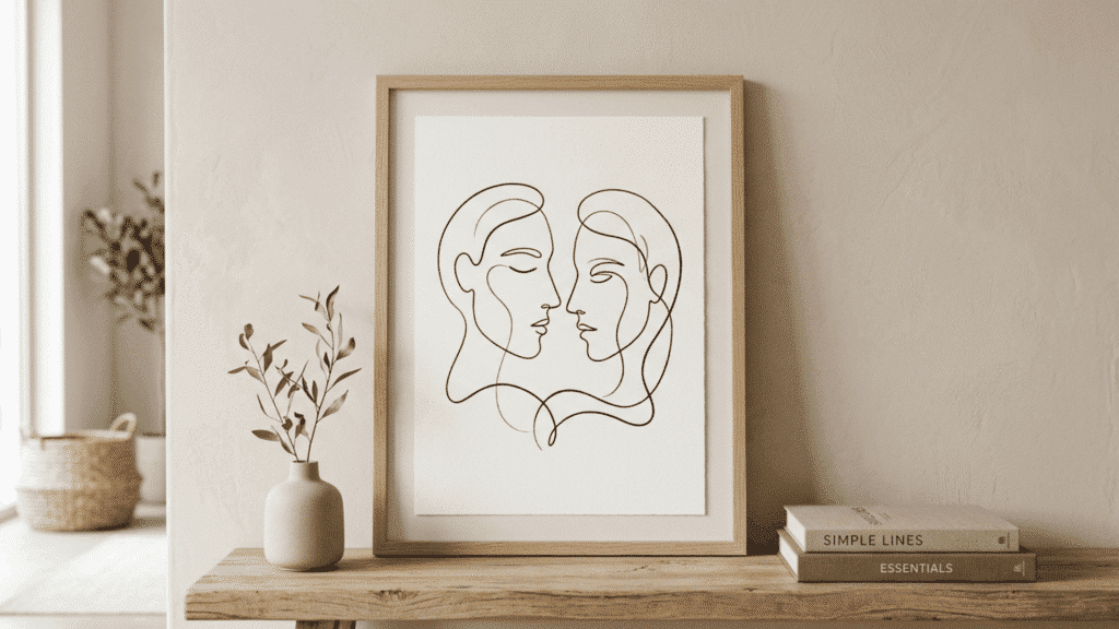 minimal line art drawing in a wooden frame placed on a shelf with simple decor.