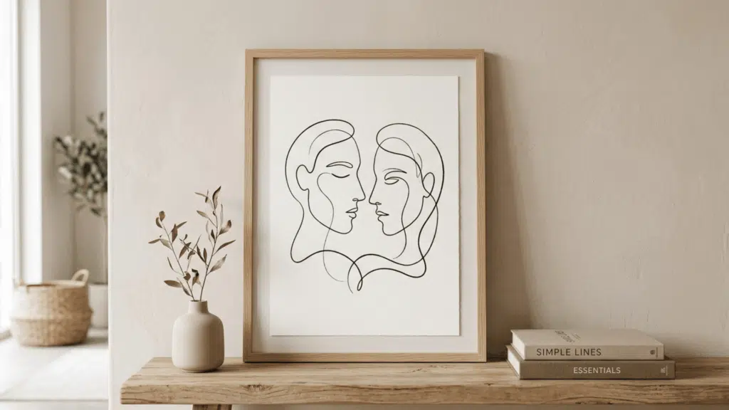 minimal line art drawing in a wooden frame placed on a shelf with simple decor.