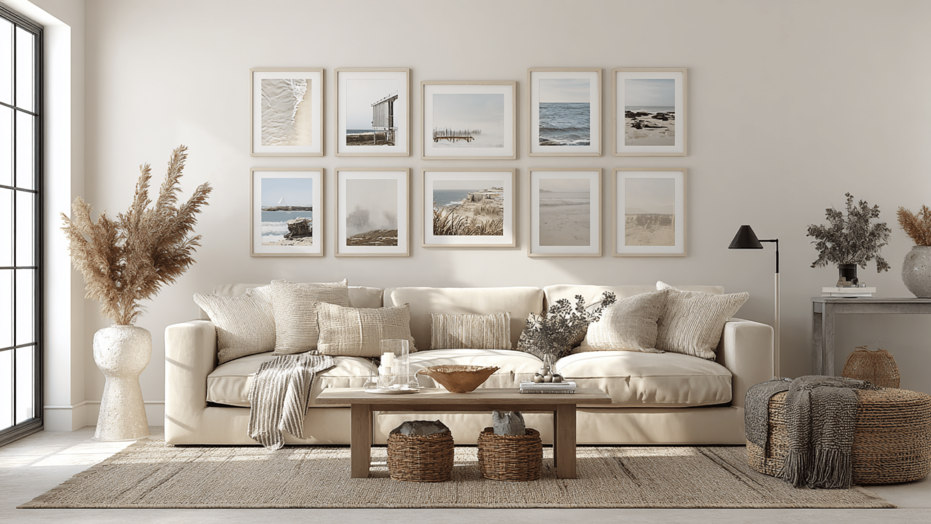 minimal living room with beige sofa gallery wall of framed prints woven baskets wood table and soft neutral decor elements