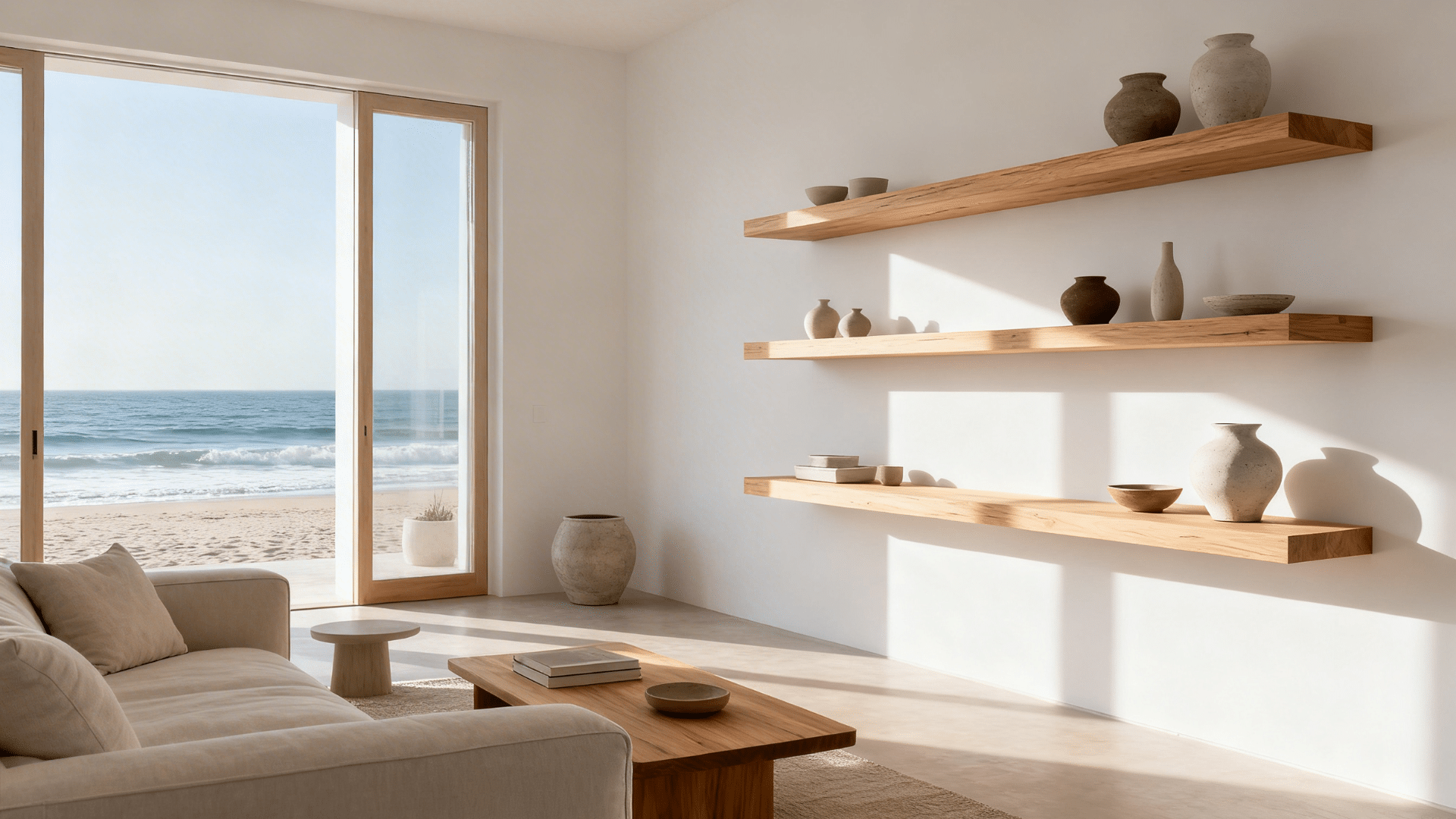minimal living room with floating wooden shelves displaying pottery beside large glass doors opening to ocean view and sandy beach