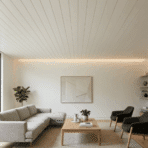 minimal living room with white shiplap ceiling, neutral sofa, wood table, modern chairs, large window, and soft natural lighting