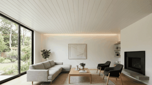 minimal living room with white shiplap ceiling, neutral sofa, wood table, modern chairs, large window, and soft natural lighting
