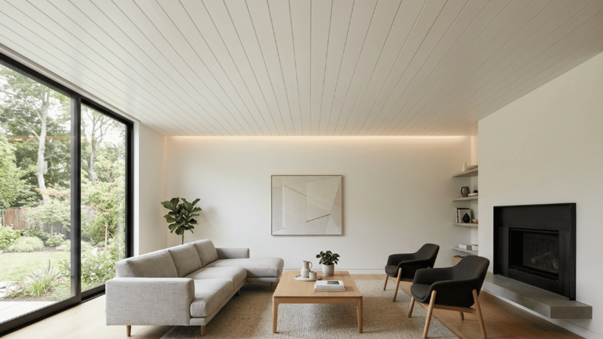 minimal living room with white shiplap ceiling, neutral sofa, wood table, modern chairs, large window, and soft natural lighting