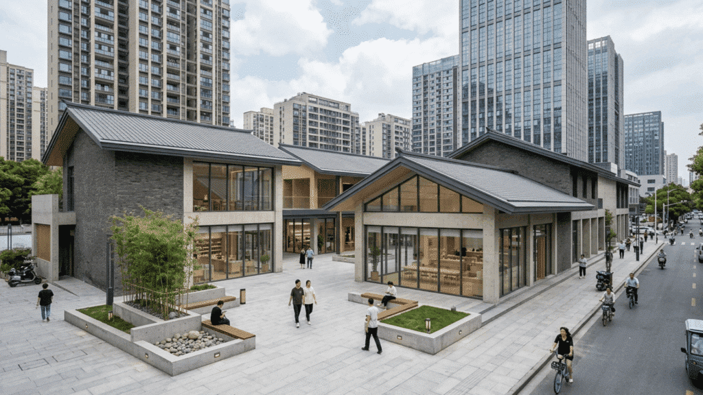 minimalist Chinese architecture with clean lines, open layout, and modern urban courtyard design.