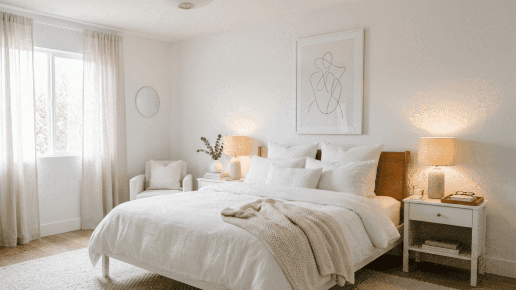 minimalist all-white bedroom with linen curtains, wool rug, and soft lighting