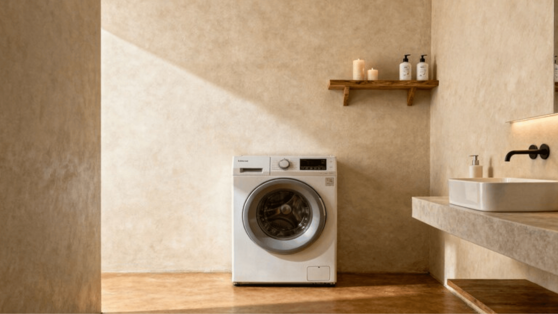 minimalist bathroom laundry setup with washing machine, floating shelf, and clean neutral interior design with natural lighting