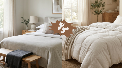minimalist bedroom comparison featuring a smooth flat bedspread versus a fluffy duvet comforter in a bright neutral interior