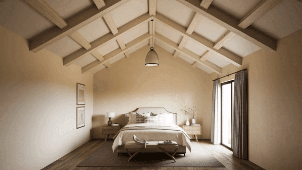 minimalist bedroom with a vaulted ceiling, neutral tones, and simple yet stylish furniture
