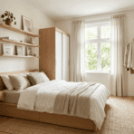 minimalist bedroom with wooden furniture, neutral decor, soft bedding, indoor plant, and natural light from window
