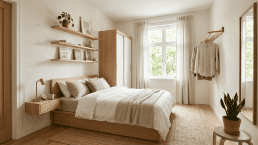 minimalist bedroom with wooden furniture, neutral decor, soft bedding, indoor plant, and natural light from window