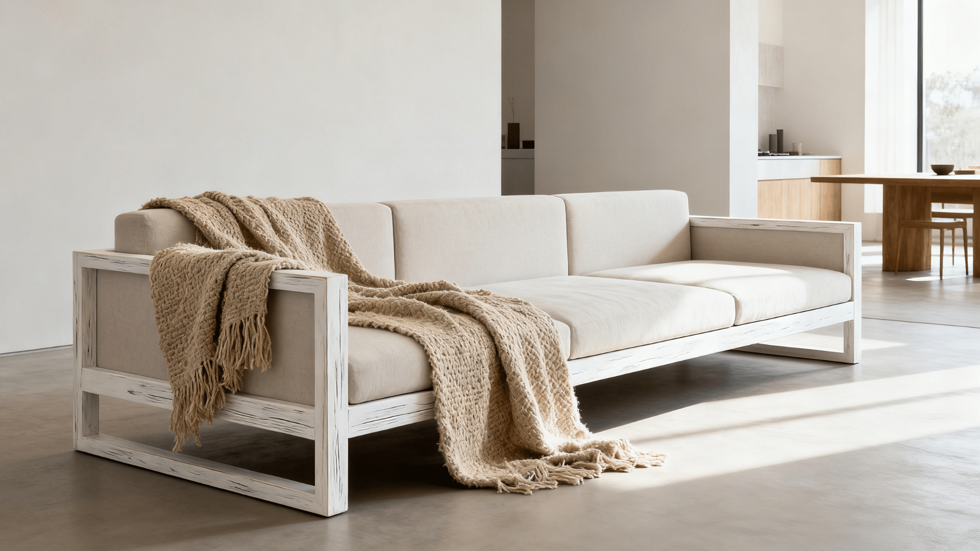 minimalist beige sofa with wooden frame and textured throw blanket placed in airy modern living space with soft natural light (1)