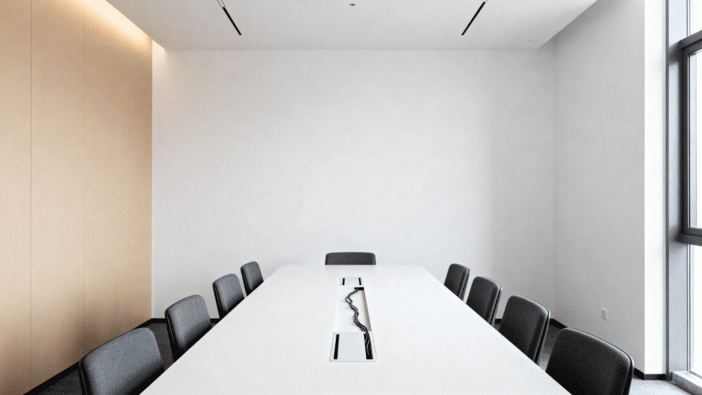 minimalist conference room with long white table and chairs in bright modern office with clean walls and natural light