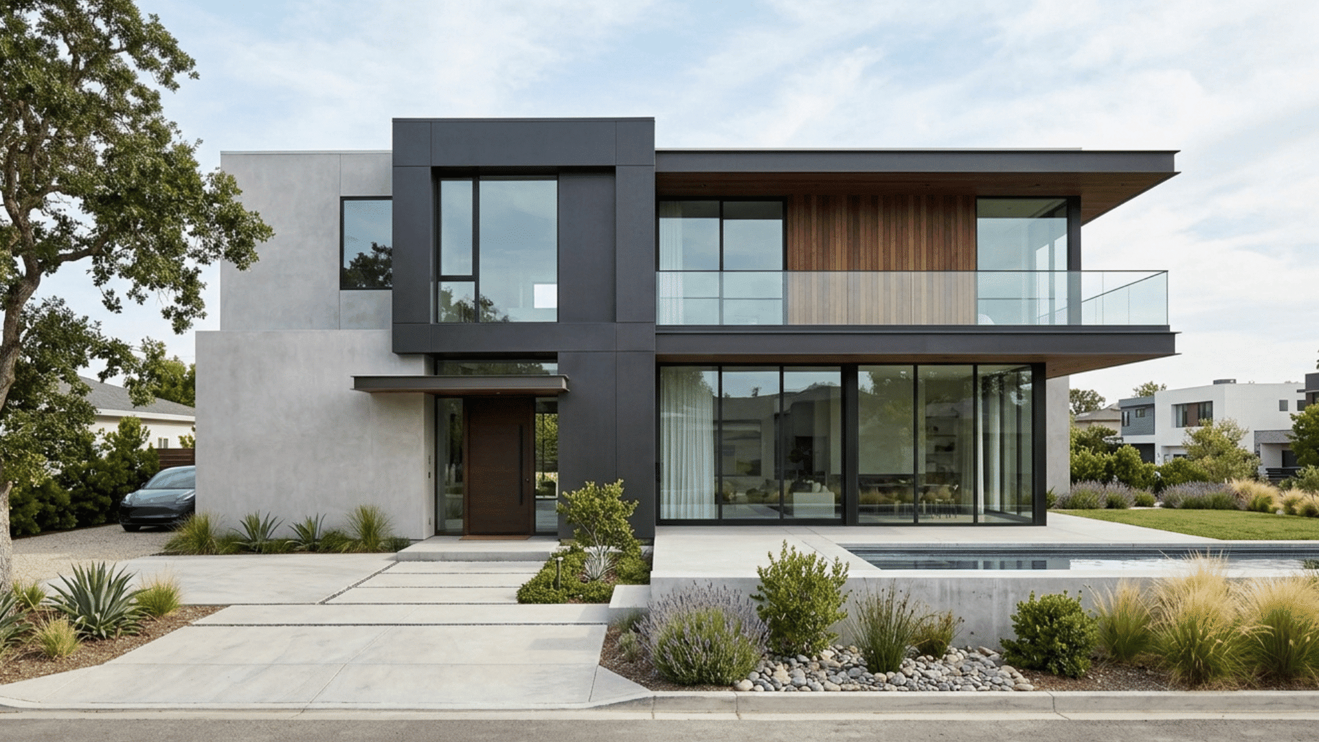 minimalist contemporary house exterior with clean lines and large windows.