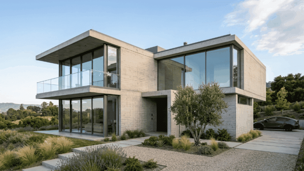 minimalist contemporary house exterior with exposed concrete facade, large glass panels, and geometric modern architecture