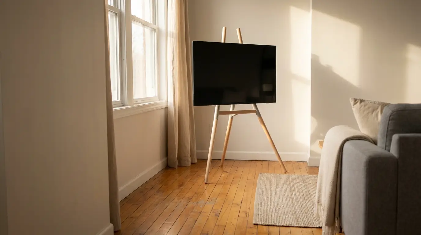 TV on minimalist wooden stand in sunlit living room with wooden floor and gray sofa