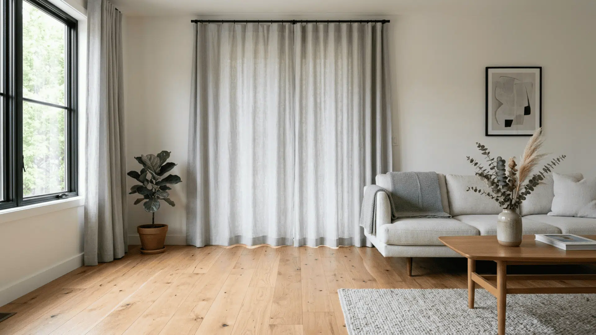 minimalist floating curtain panels hovering slightly above hardwood floor in a contemporary living room with neutral walls