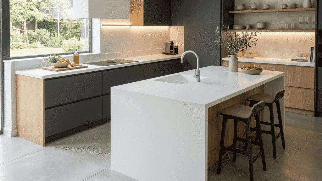 minimalist kitchen with solid surface countertop, seamless finish, modern cabinetry, and soft ambient lighting