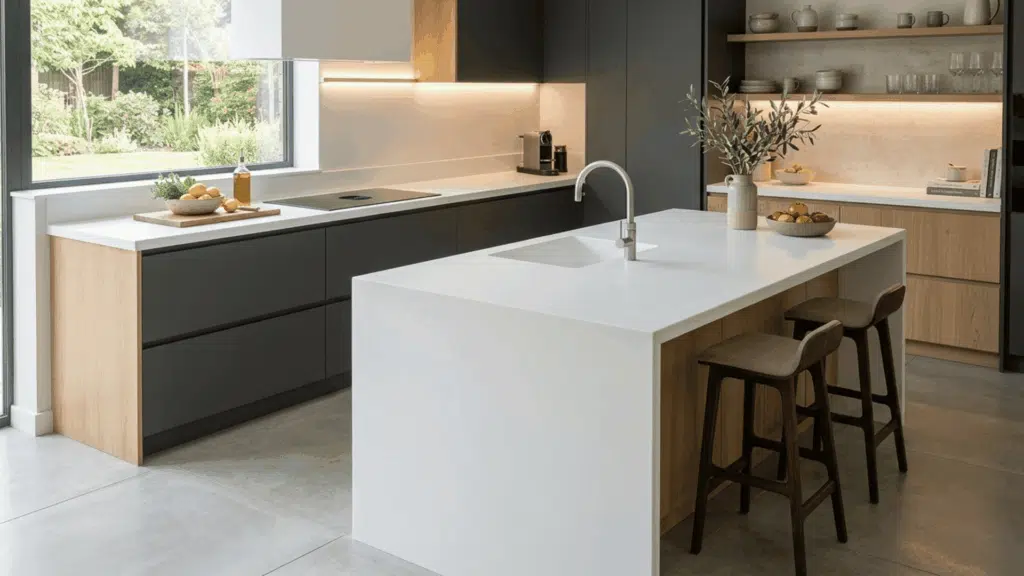 minimalist kitchen with solid surface countertop, seamless finish, modern cabinetry, and soft ambient lighting 