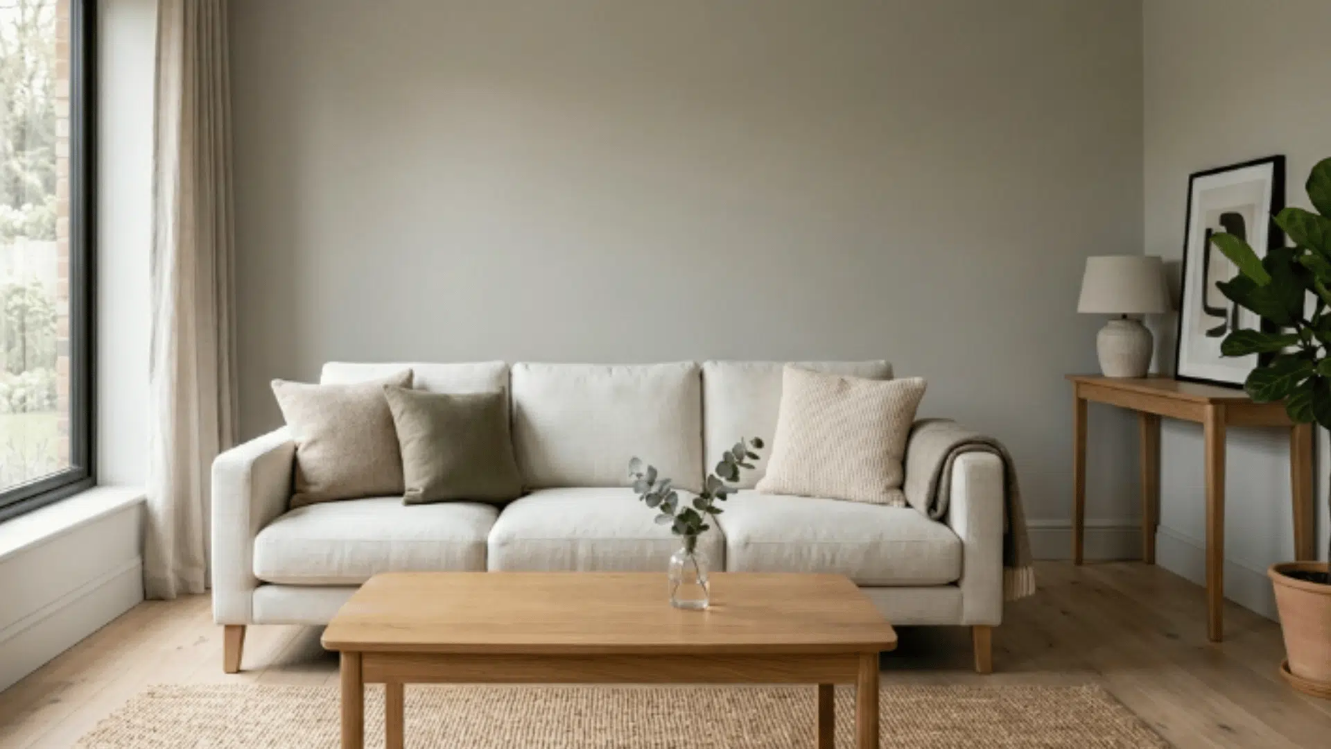minimalist living room with a cream sofa, light wood coffee table, jute rug, and a large window