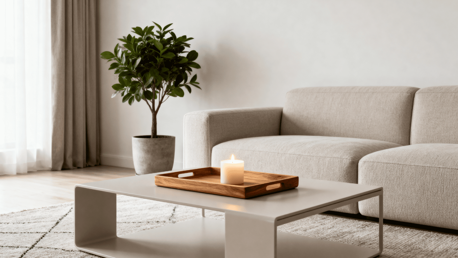 minimalist living room with clean surfaces, beige sofa, potted plant, wooden tray with candle, soft natural light and calm decor