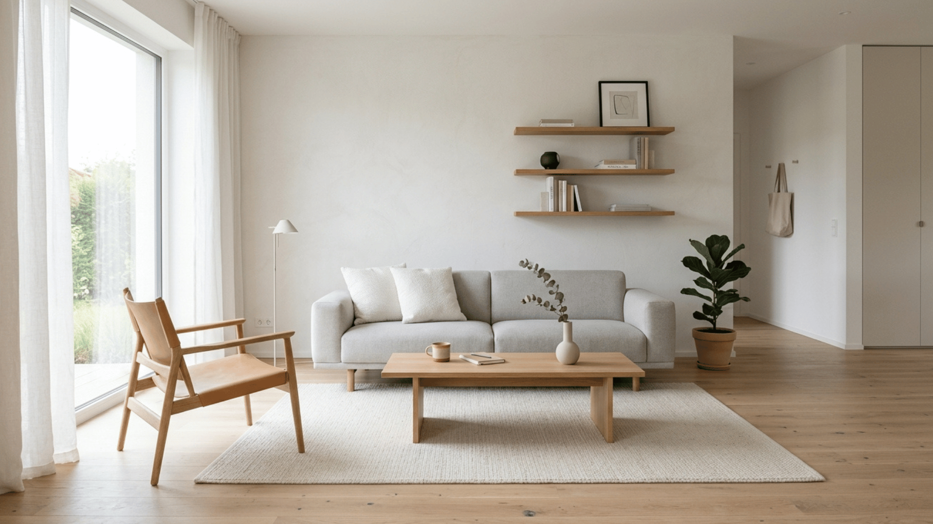 minimalist living room with neutral tones, clean lines, and simple wooden furniture.